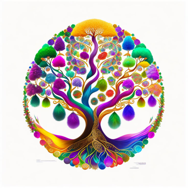 Vivid Circular Tree of Life Illustration with Colorful Foliage