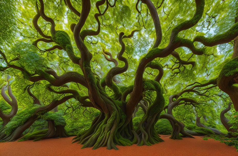 Moss-covered tree trunks in lush green forest