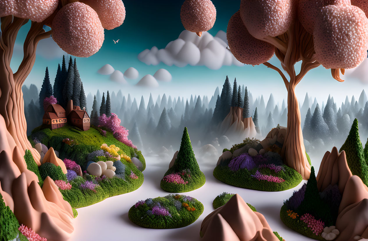 Whimsical forest landscape with oversized mushrooms and colorful flora