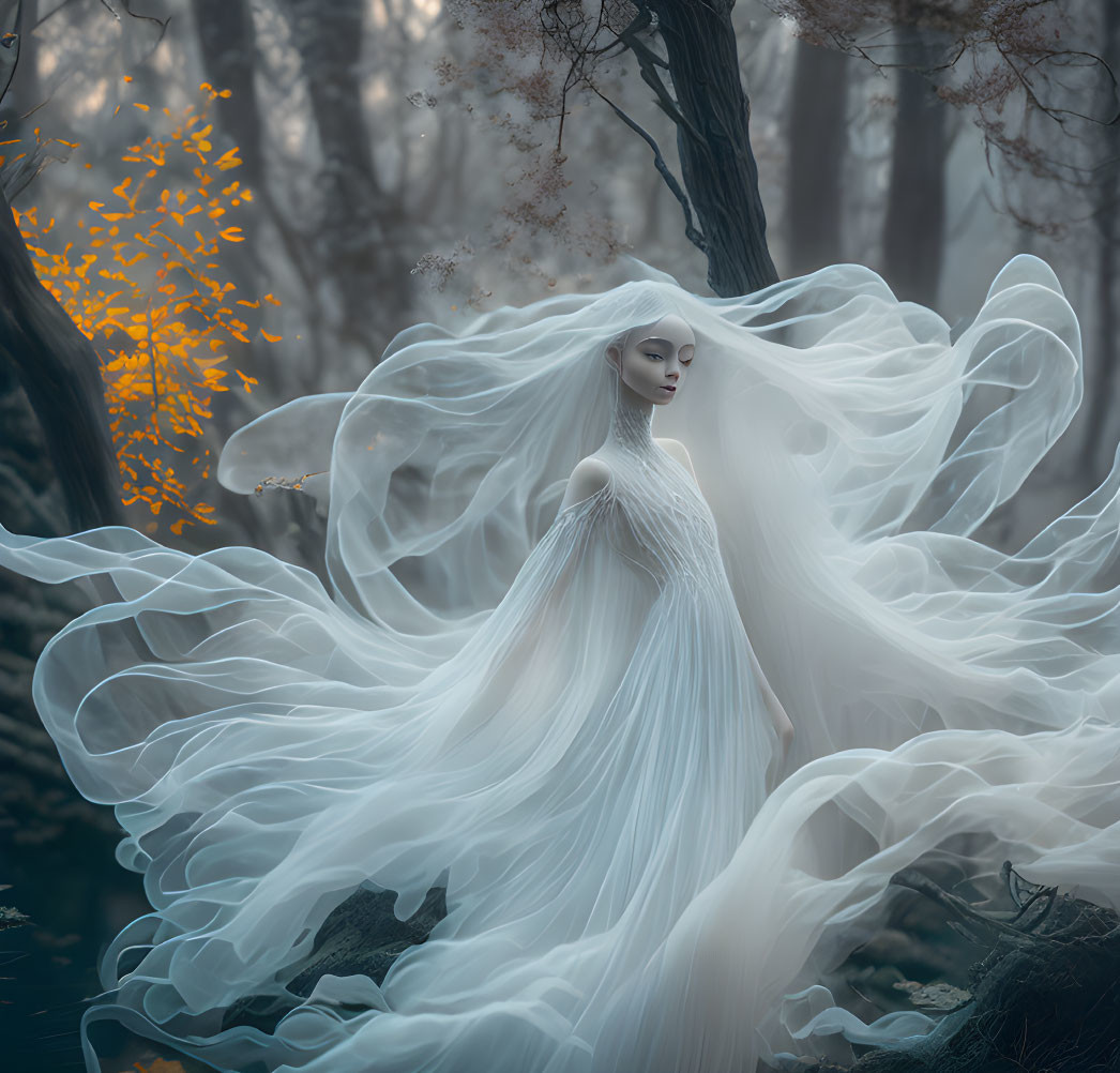 Misty woods scene with ethereal woman in flowing white dress