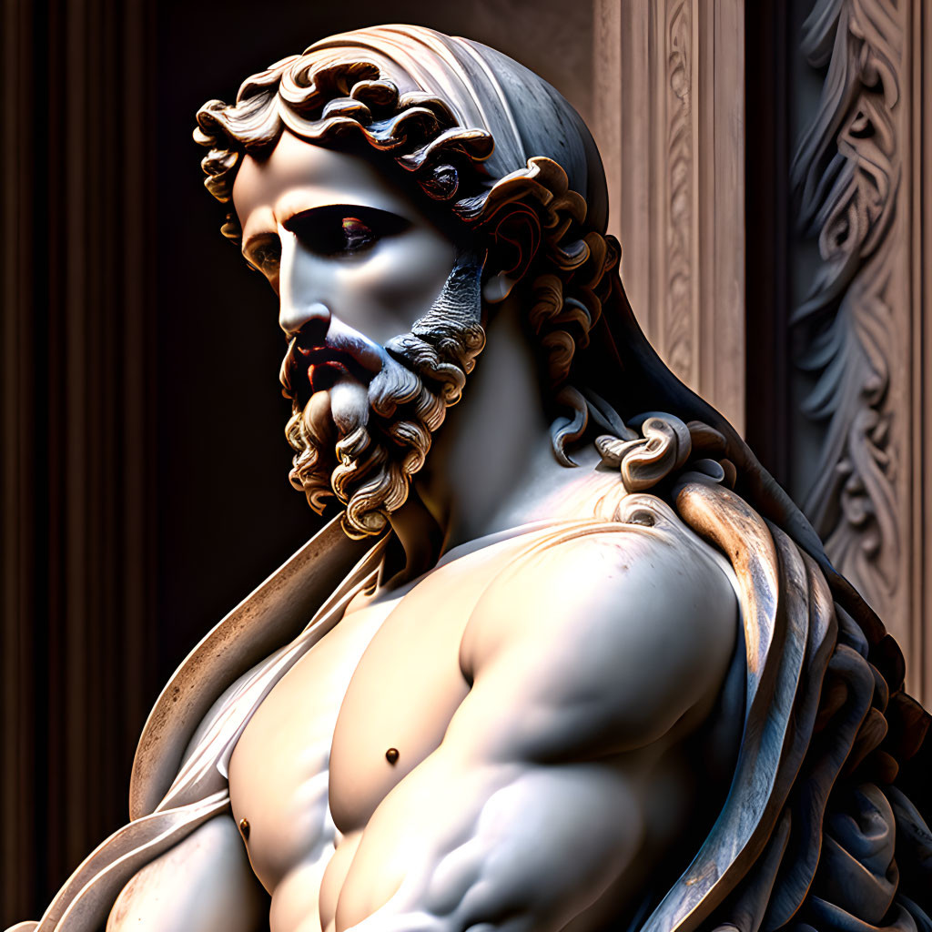 Classical sculpture of bearded man with curly hair, bare-chested, mythological appearance