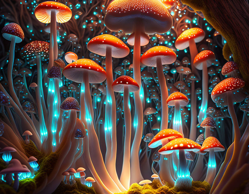 Enchanting forest with glowing bioluminescent mushrooms