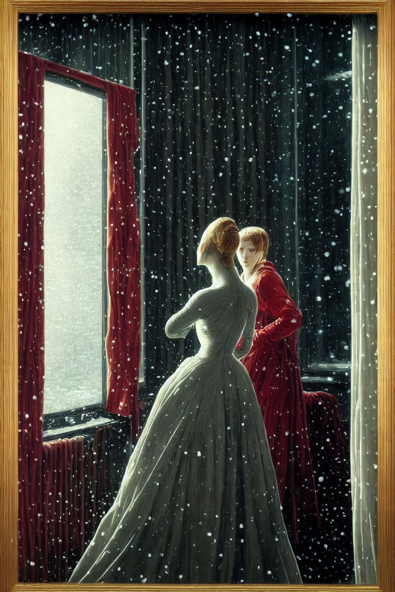 Portrait of a Woman in Grey Dress and Man in Red, Reflecting on Falling Snow