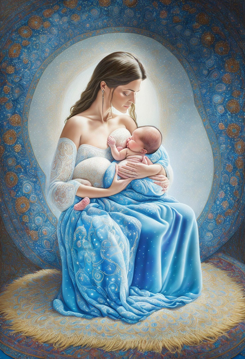 Mother cradling newborn in celestial blue with mandala backdrop