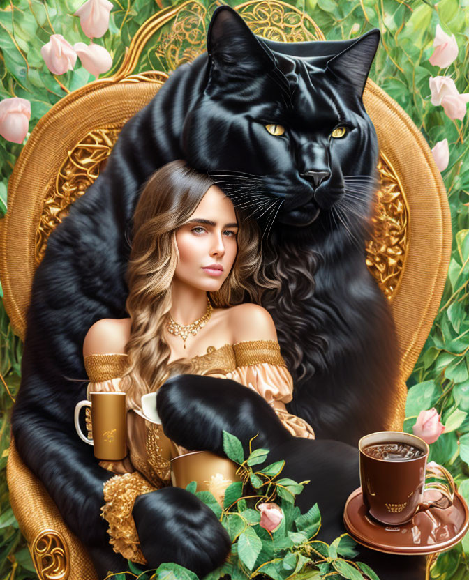 Surreal image: Woman with wavy hair, cat with human-like eyes on golden chair with