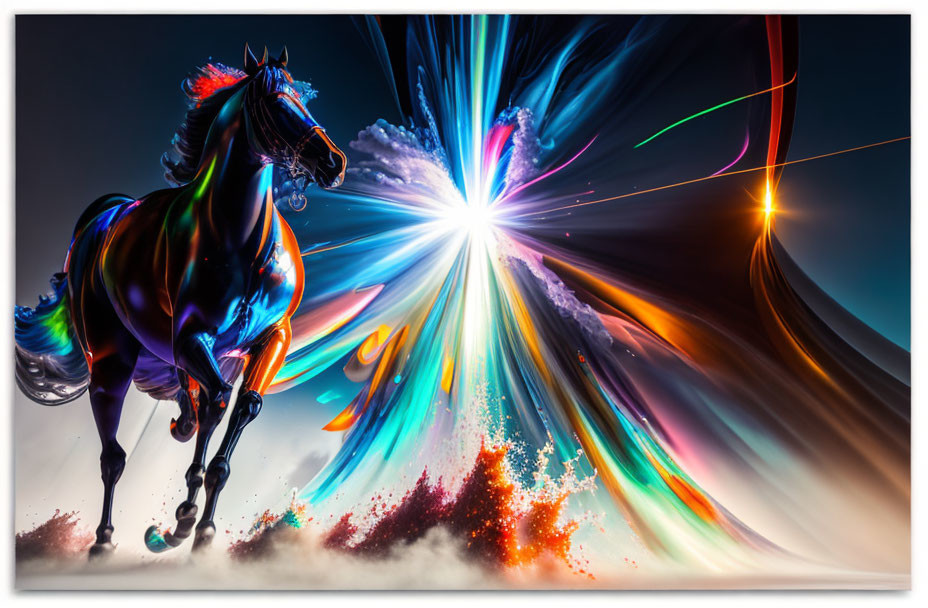 Vibrant black stallion with colorful mane running in abstract background