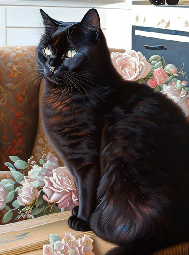 Black Cat with Golden Eyes Beside Pink Roses on Wooden Surface