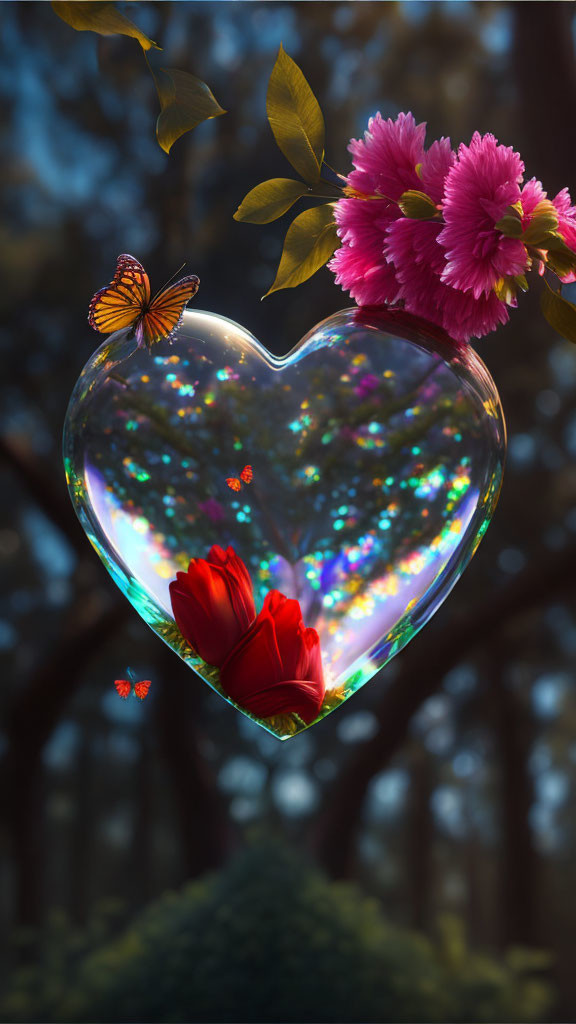 Heart-shaped vessel with sparkling lights, red roses, pink flowers, green leaves, and butterfly in woodland