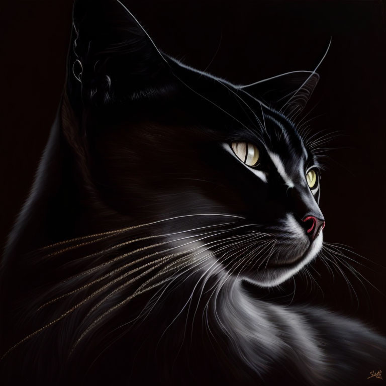 Realistic Black Cat Painting with Yellow Eyes and Whiskers