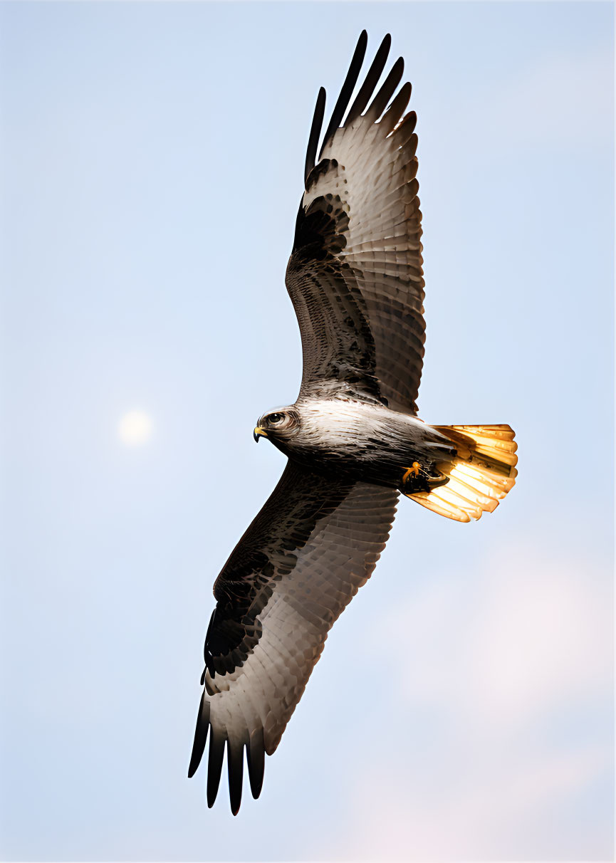 Majestic bird of prey soaring with wide open wings and contrasting feathers