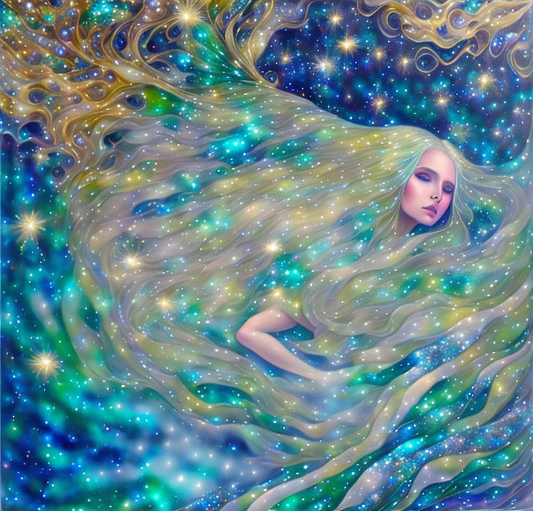 Surreal image: Woman merging with starry night sky in vibrant blue and gold hues