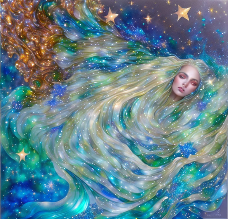 Illustration of woman with galaxy hair and cosmic elements