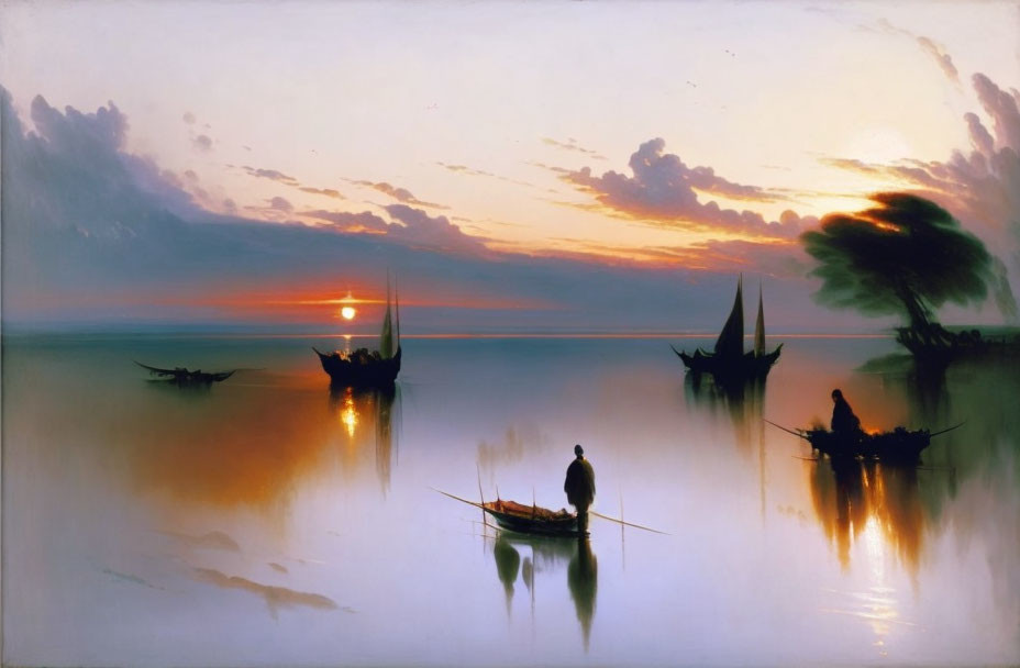 Tranquil sunset scene with small boats and fisherman on calm lake