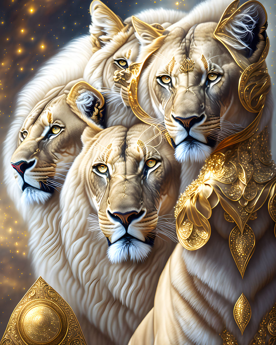 Regal lions with golden adornments on starry backdrop