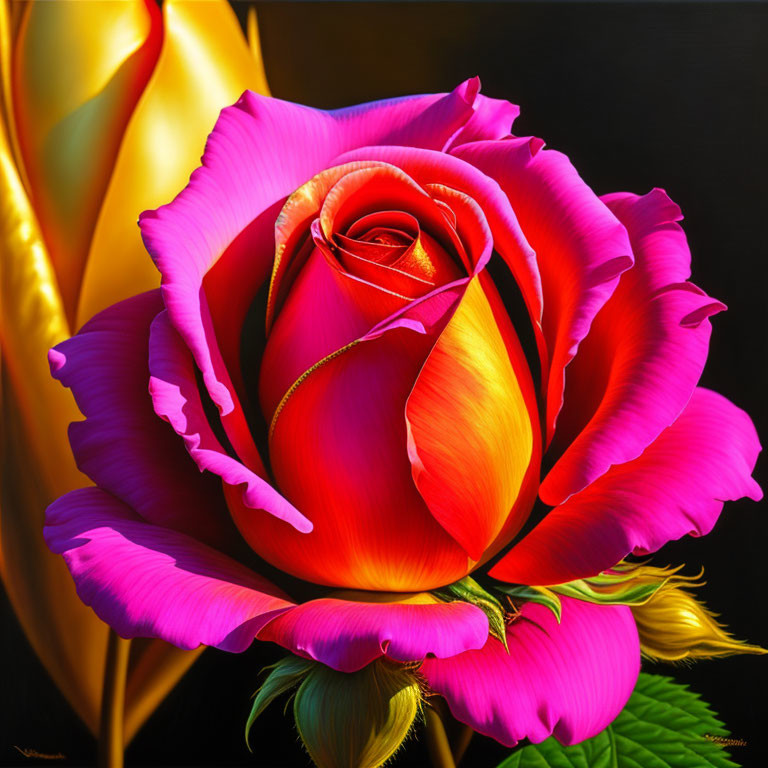 Colorful Digital Artwork Featuring Vibrant Rose and Dark Leaves