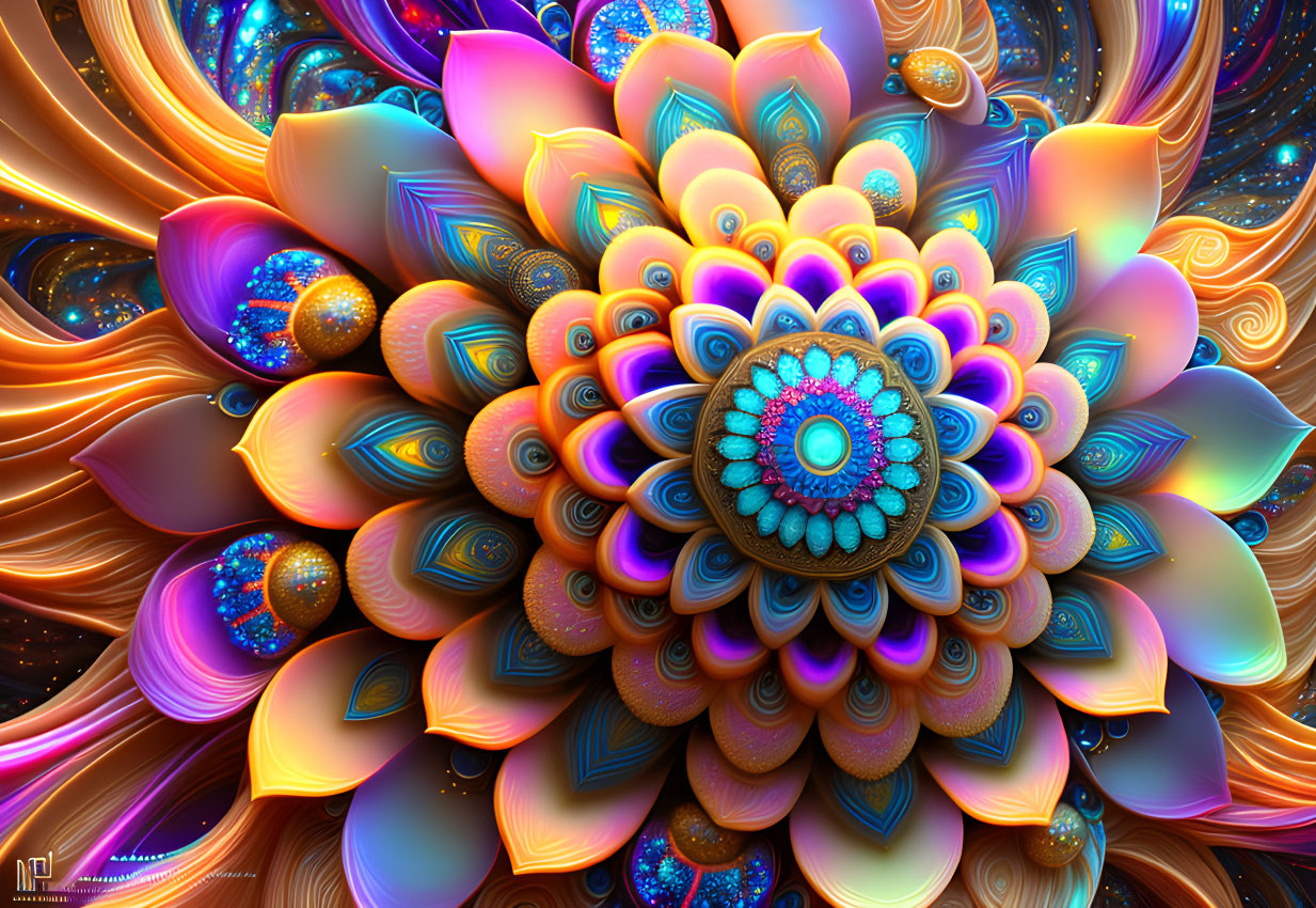 Colorful fractal flower with intricate patterns and swirling designs