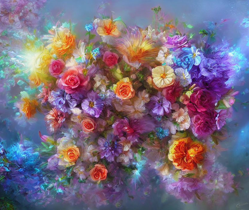 Colorful Flower Bouquet Painting in Soft, Ethereal Style