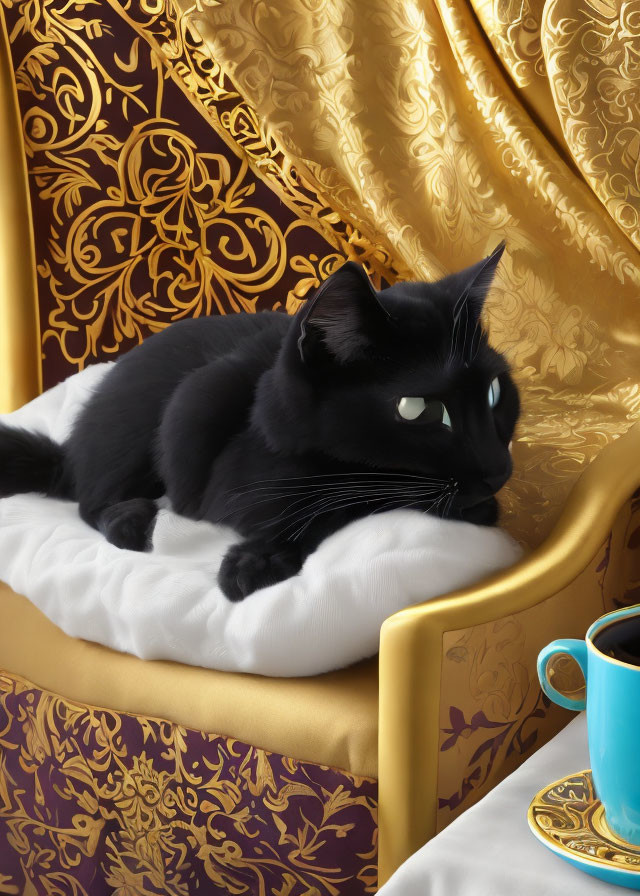 Black cat resting on white cushion with teal cup and golden backdrop