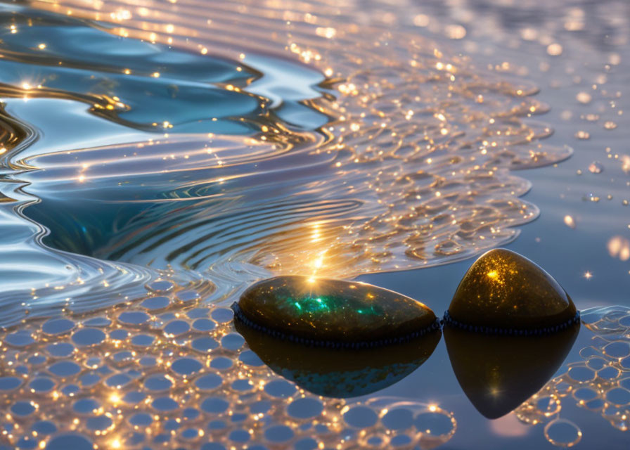 Smooth Stones Reflecting Sunlight on Rippling Water