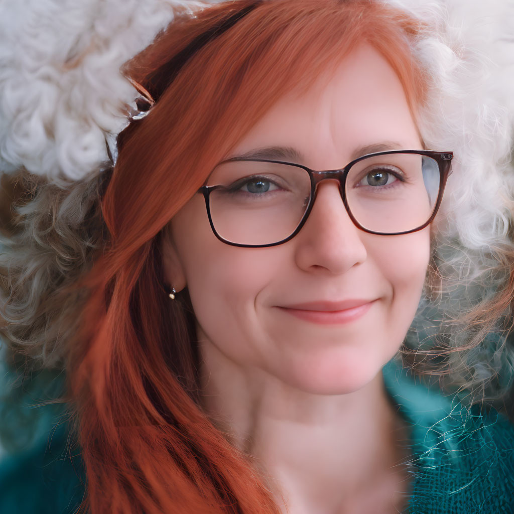 Smiling woman with red hair, glasses, turquoise top, and white fluffy background