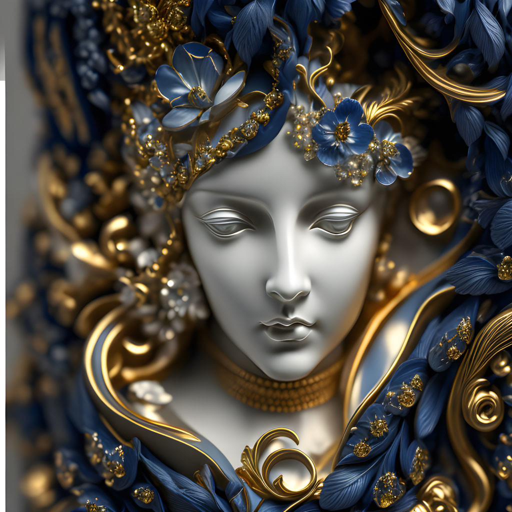 Serene metallic female face with blue and gold floral designs