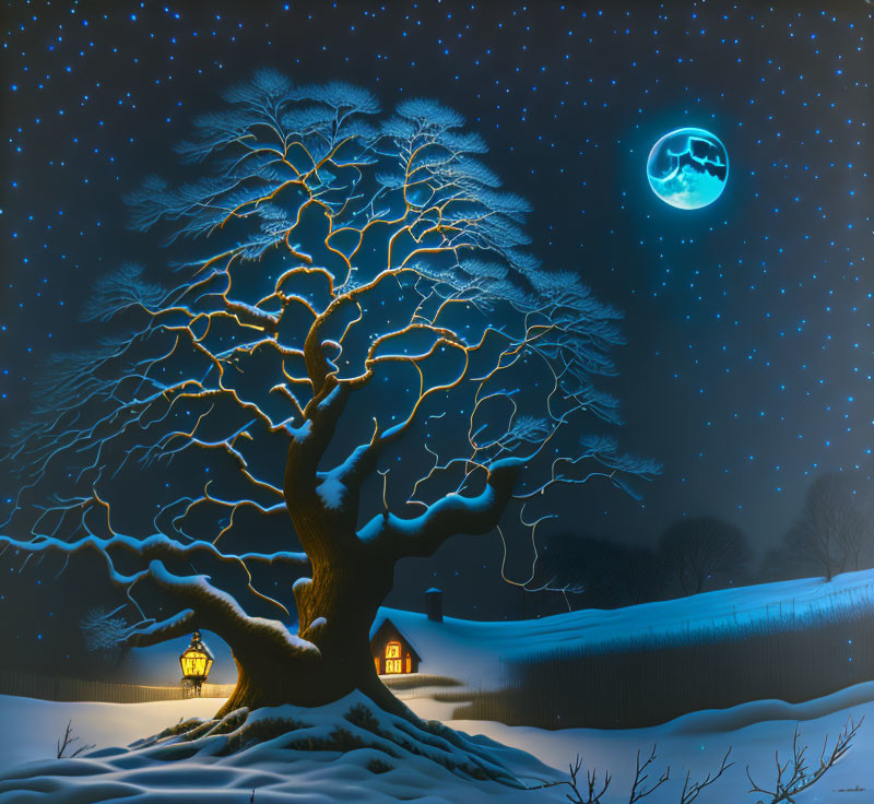 Snowy Night Landscape: Illuminated Tree, Cozy House, Full Moon