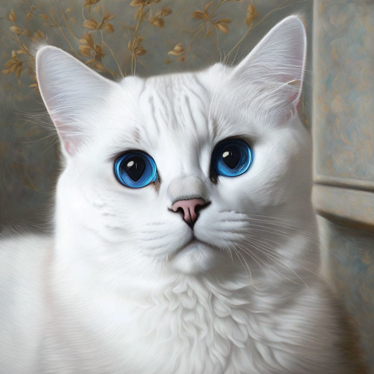 White Cat with Blue Eyes on Floral Background