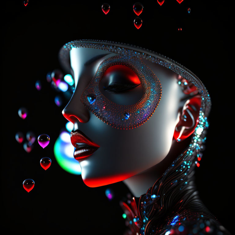 Metallic female figure in masquerade mask surrounded by red hearts on dark background with multicolored