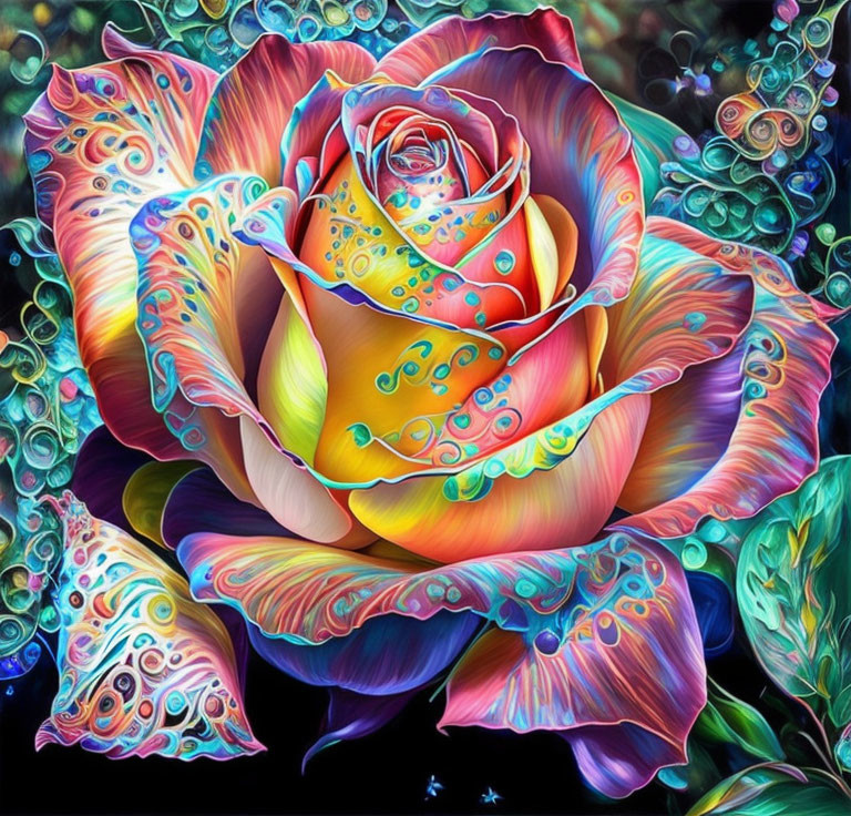 Colorful Rose Image with Swirling Patterns on Petals