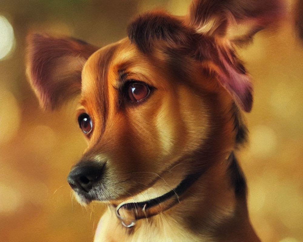 Floppy-eared dog with collar in golden-brown coat, set against autumnal backdrop.