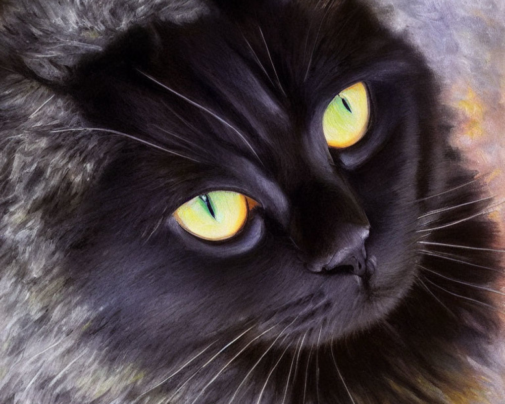 Black Cat with Striking Yellow Eyes and Fluffy Fur on Soft Blended Background