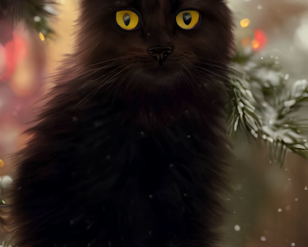 Black Cat with Yellow Eyes in Snowy Pine Branches and Christmas Lights