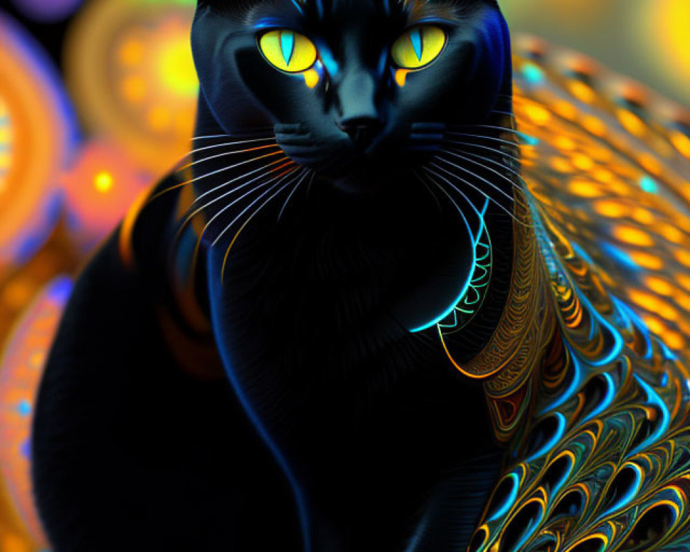 Sleek black cat with glowing yellow eyes in neon blue and gold patterns