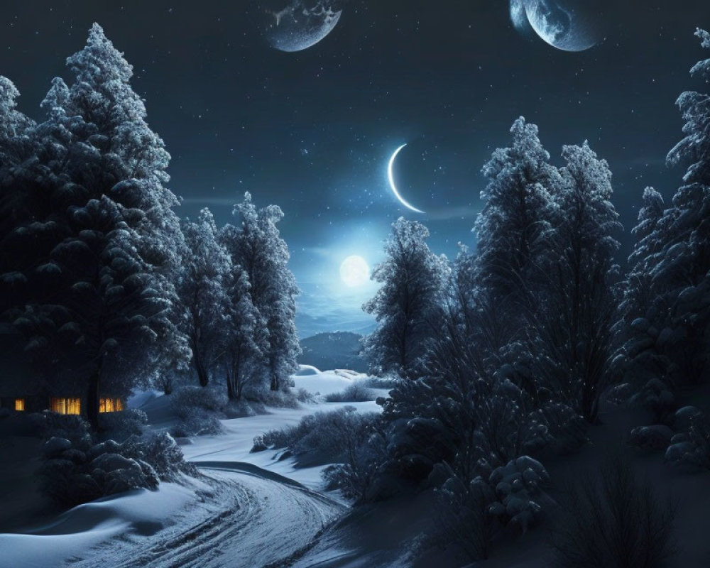 Snow-covered trees, cozy cottage, starry night with crescent moon and planets