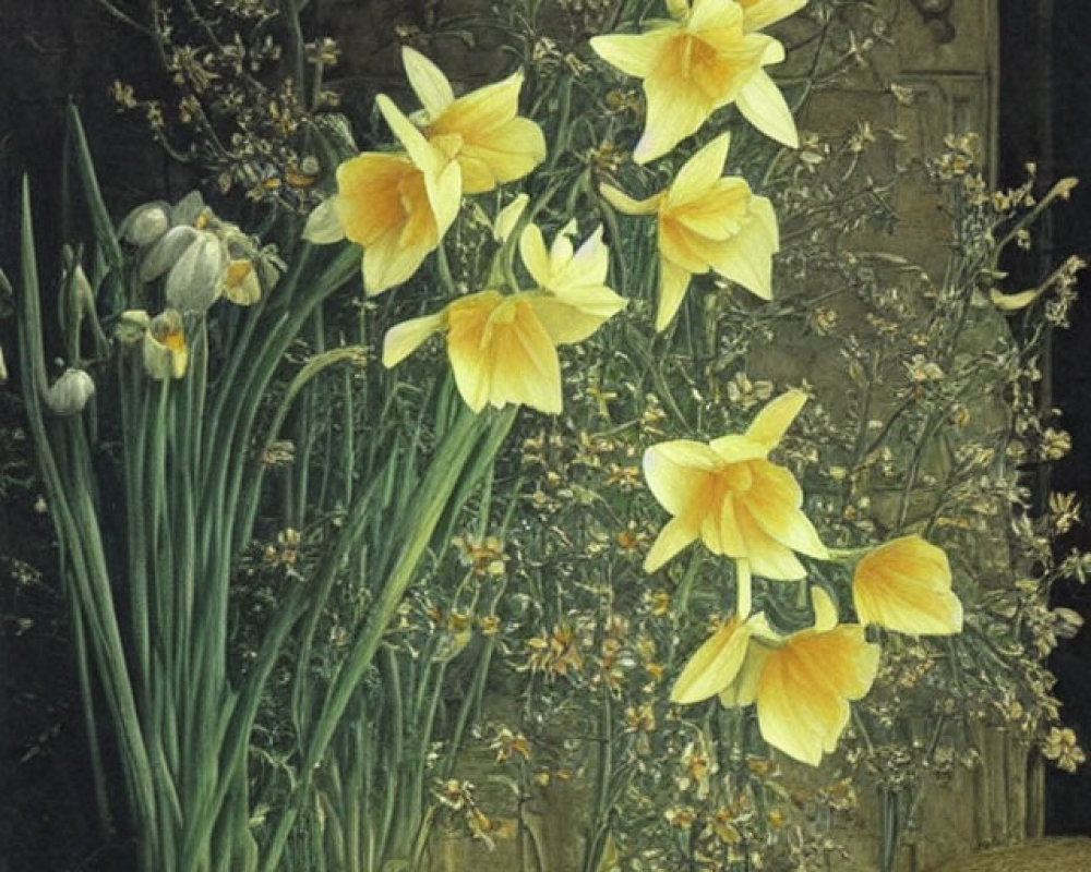 Still life painting of yellow daffodils and white flowers in vases on dark background