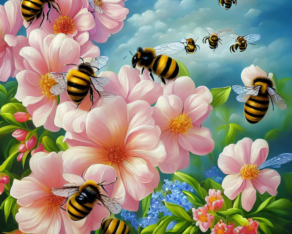 Bees flying around pink flowers under blue sky