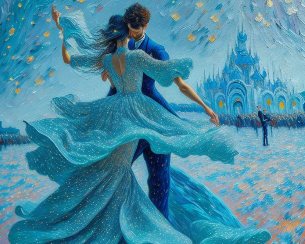 Couple in formal attire dancing in fantastical blue landscape with ornate castle.