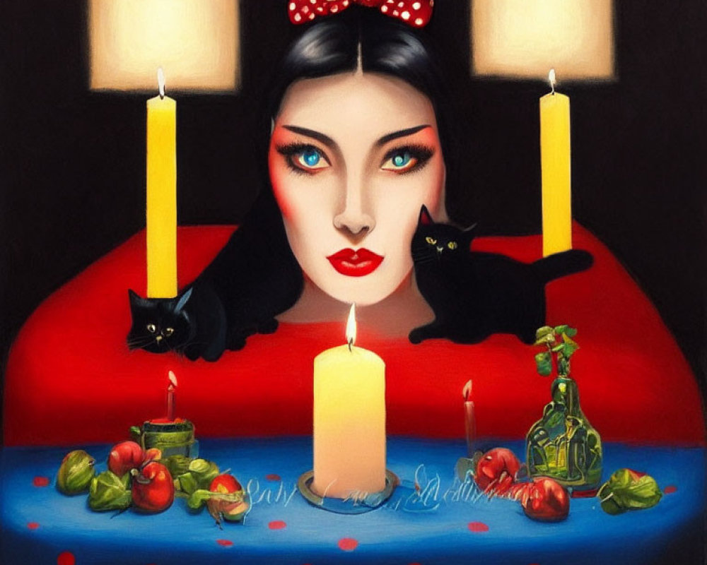 Illustration of woman with red headband, black cats, candles, cherries, and olive oil