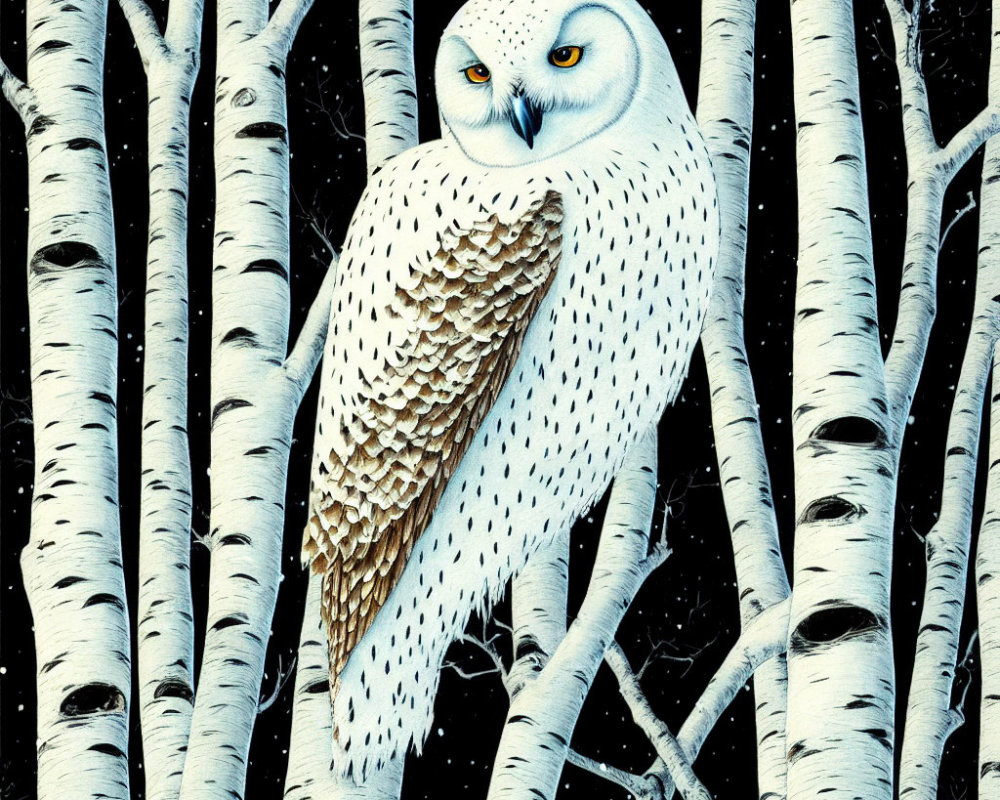 Snowy Owl Perched on Birch Tree in White Birch Grove