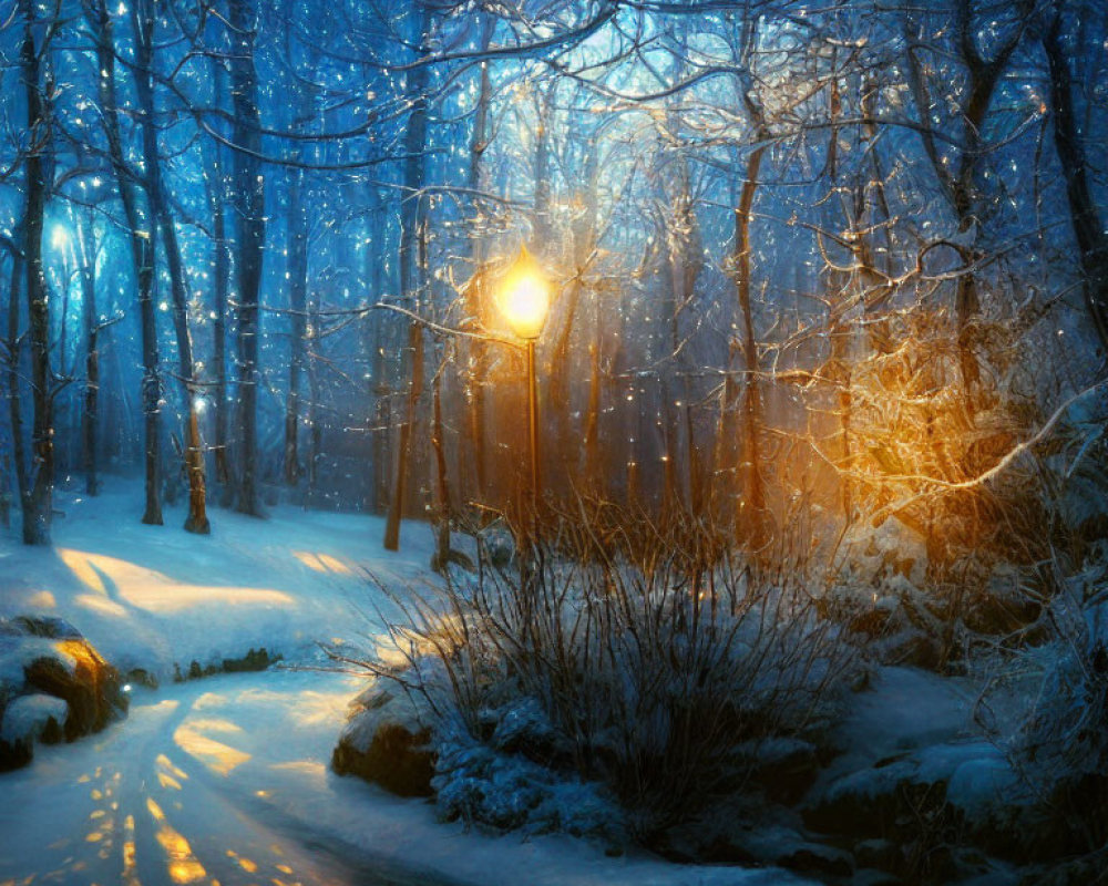 Snow-covered wintry forest scene with glowing lantern and gentle snowfall