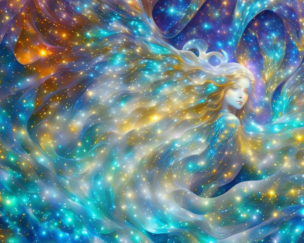 Woman with flowing hair amidst cosmic stars and nebulas on vivid galactic background