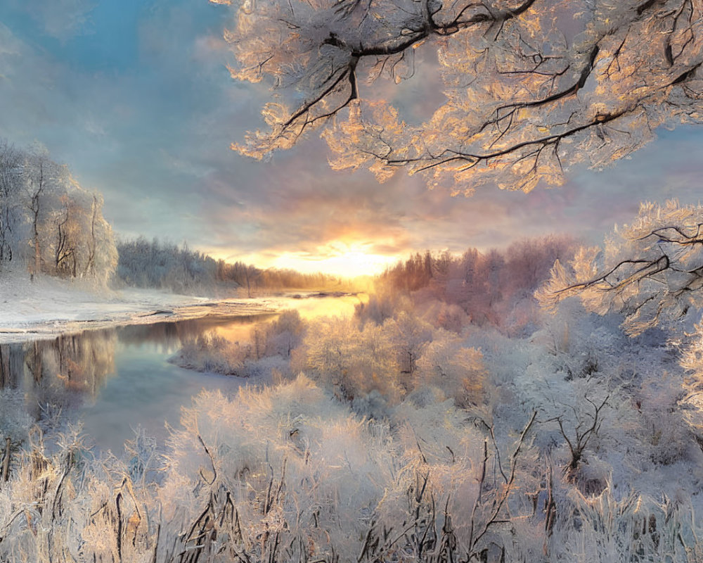 Frost-covered trees and reflective river in winter sunrise