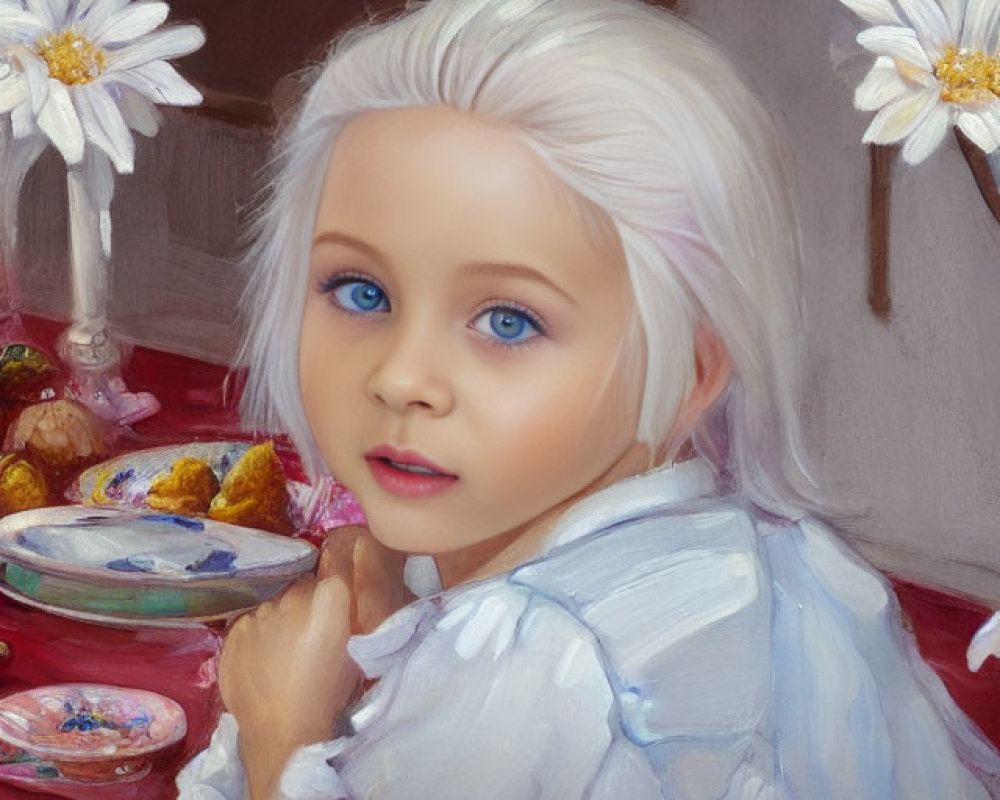 Child with Blue Eyes and White Hair in Light Blue Shirt Surrounded by Flowers and Sweets