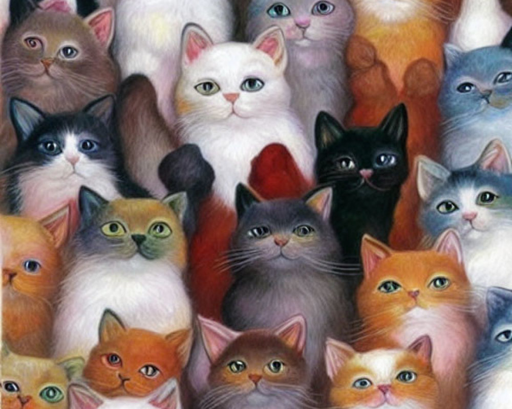 Assorted colorful cats with varied expressions in close proximity.