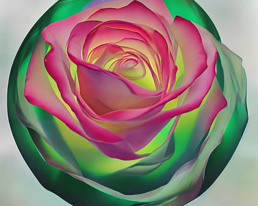 Pink Rose Captured in Iridescent Sphere with Green and Blue Highlights