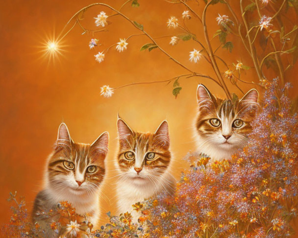 Three Cats in Vibrant Orange and Blue Flower Field