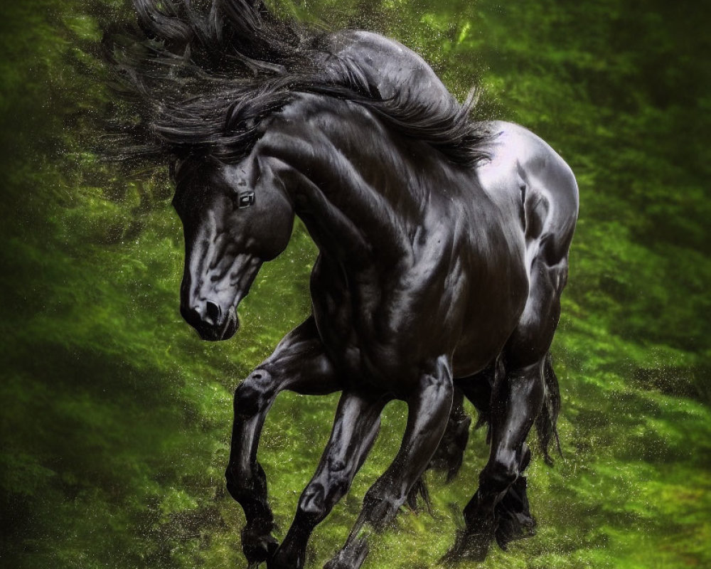 Majestic black horse galloping in vibrant green setting