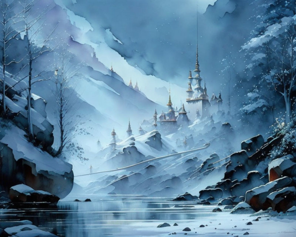 Fantasy winter landscape with castle, snowy mountains, river, and twilight sky