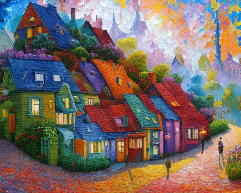 Colorful village street painting with mosaic sky and strolling figure