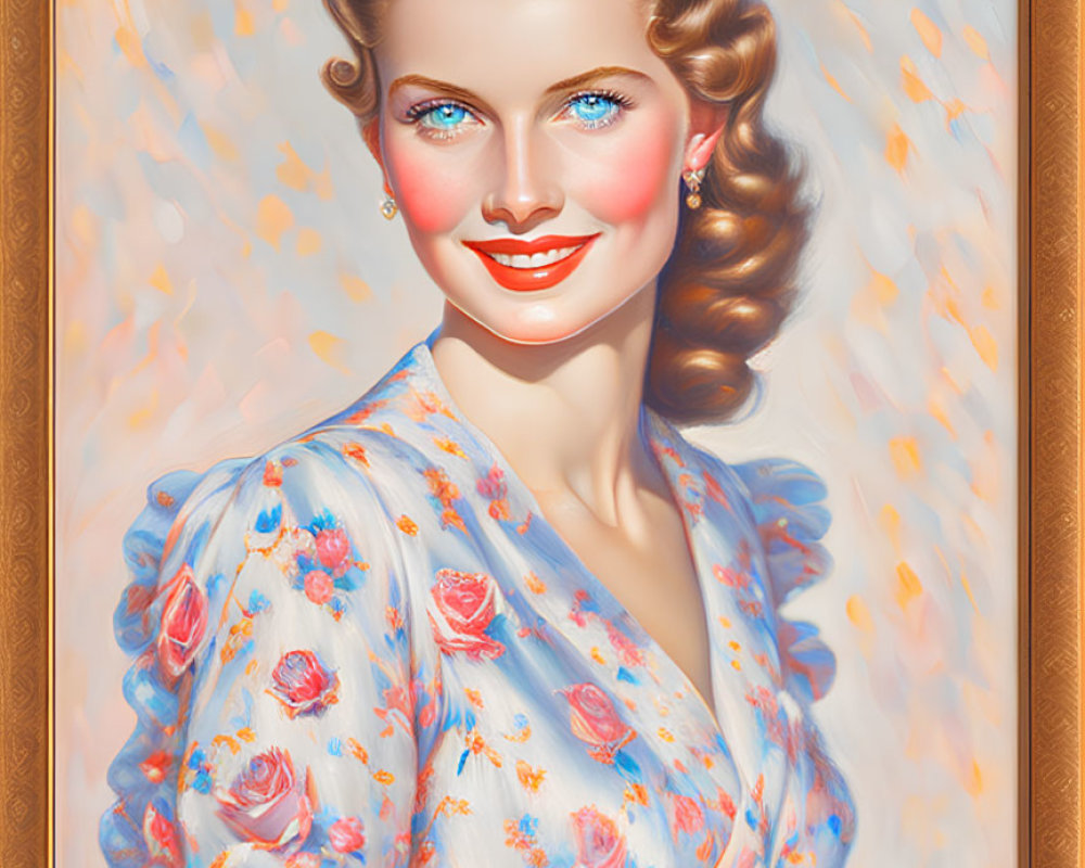 Smiling woman in floral dress on pastel background